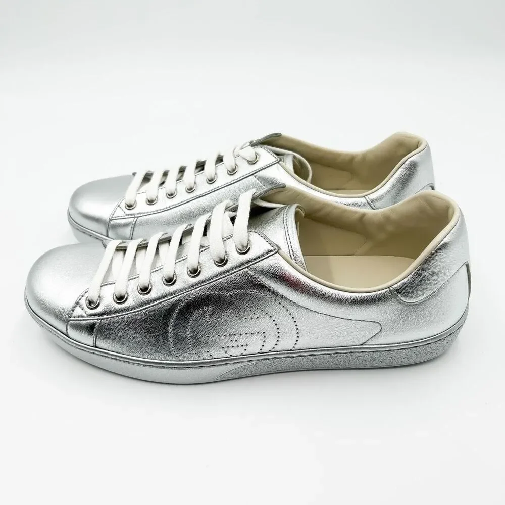 Gucci New GG Ace Silver Sneakers Interlocking G Trainers Mens